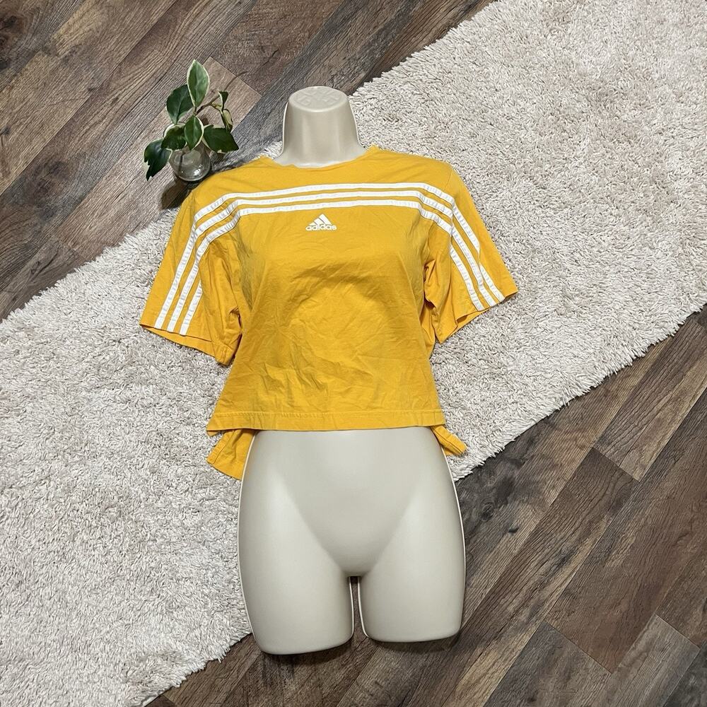 Adidas XS Mustard Yellow White Must Have Ringer 3-Stripes Crewneck Pullover Tee